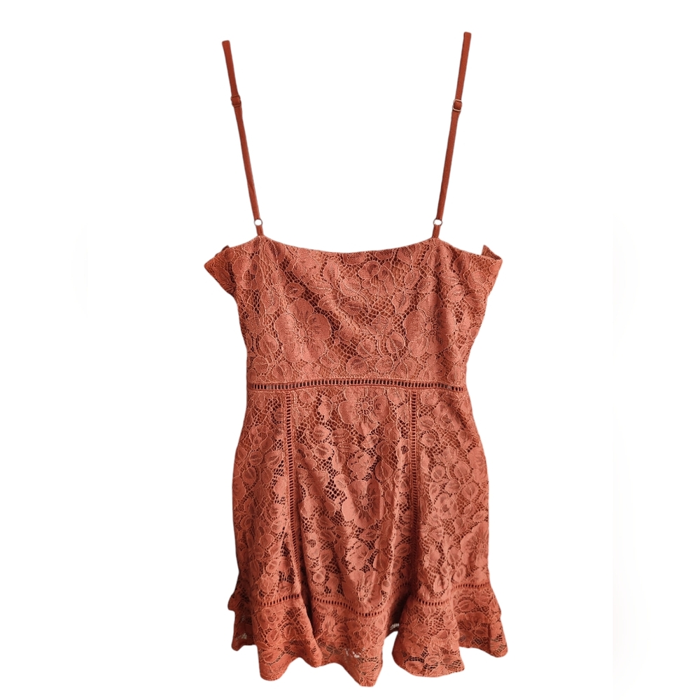 Lulus Sweet Like Candy Brown Lace Ruffled Mini Dress Party Glam Size M - Picture 2 of 3